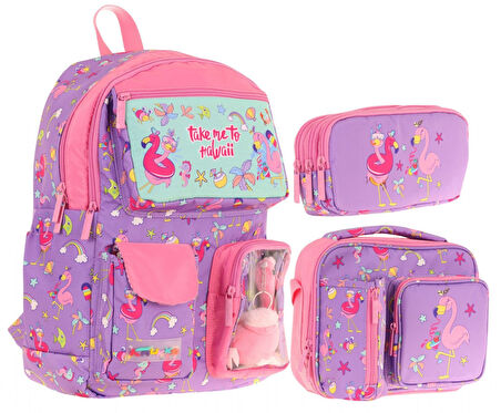 Kaukko Kids Kız Çocuk İlkokul Okul Çantası Seti - Peluş Flamingolu - Mor Pembe (L5240+L7240+L8240)