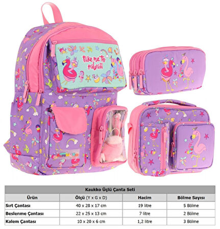 Kaukko Kids Kız Çocuk İlkokul Okul Çantası Seti - Peluş Flamingolu - Mor Pembe (L5240+L7240+L8240)