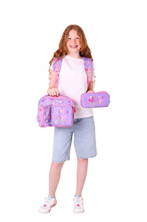 Kaukko Kids Kız Çocuk İlkokul Okul Çantası Seti - Peluş Flamingolu - Mor Pembe (L5240+L7240+L8240)