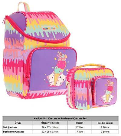 Kaukko L5247+L7247 Okul Sırt Çantası + Beslenme Çantası Seti - Sarı Mor - Dondurma - Kız Çocuk
