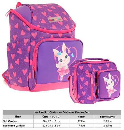 Kaukko L5246+L7246 Okul Sırt Çantası + Beslenme Çantası Seti - Mor Pembe - Kalpli Tavşan - Kız Çocuk