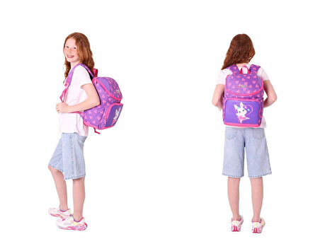 Kaukko L5246+L7246 Okul Sırt Çantası + Beslenme Çantası Seti - Mor Pembe - Kalpli Tavşan - Kız Çocuk