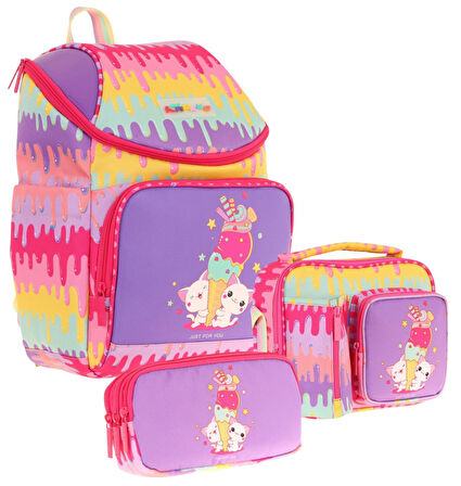 Kaukko (Dondurma Baskılı - Sarı Mor) Kız Çocuk İki Bölmeli Okul Çanta Seti (Üçlü)