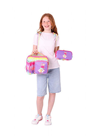 Kaukko (Dondurma Baskılı - Sarı Mor) Kız Çocuk İki Bölmeli Okul Çanta Seti (Üçlü)