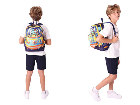Kaukko Kids Layer Erkek Çocuk Okul Çantası + Kalem Çantası Seti (Mavi Sarı - Astronot Dinazor)