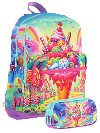 Kaukko Kids Layer Kız Çocuk Okul Çantası + Kalem Çantası Seti (Kırmızı Mavi - Dondurma)