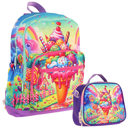 Kaukko Dondurma Baskılı Kız Çocuk Okul Çantası ve Thermo Beslenme Çantası Seti - Kırmızı Mavi (L5251+L7251)