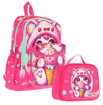 Kaukko Dondurma Yiyen Kedi Baskılı Kız Çocuk Okul Çantası ve Thermo Beslenme Çantası Seti - Pembe (L5250+L7250)