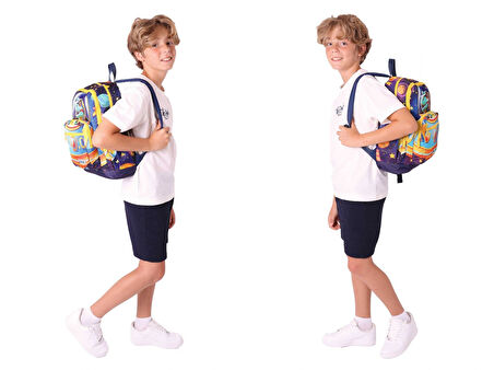 Kaukko Kids Dört Bölmeli Okul Çantası + Beslenme +Kalemlik Seti (Astronot Dinazor - Erkek Çocuk - Mavi Sarı)