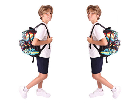 Kaukko Kids Dört Bölmeli Okul Çantası + Beslenme +Kalemlik Seti (Kayak Yapan Astonot - Erkek Çocuk - Siyah)