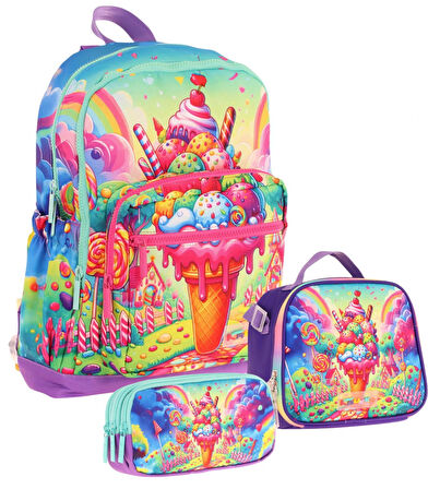 Kaukko Kids Dört Bölmeli Okul Çantası + Beslenme +Kalemlik Seti (Dondurma - Kız Çocuk - Kırmızı Mavi)