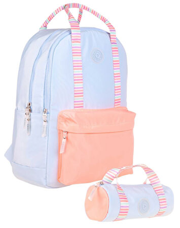 Kaukko İkili Okul Çantası Seti - Okul Çantası+Kalemlik - Mavi Turuncu - Çift Renk - Kız Çocuklar İçin