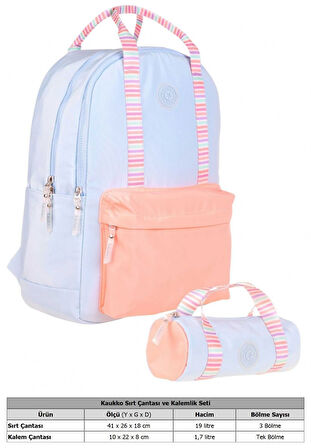 Kaukko İkili Okul Çantası Seti - Okul Çantası+Kalemlik - Mavi Turuncu - Çift Renk - Kız Çocuklar İçin