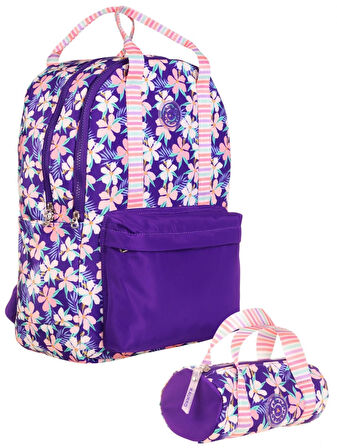 Kaukko İkili Okul Çantası Seti - Okul Çantası+Kalemlik - Mor - Çiçek Desenli - Kız Çocuklar İçin