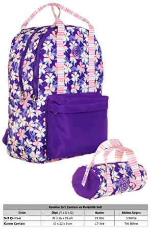 Kaukko İkili Okul Çantası Seti - Okul Çantası+Kalemlik - Mor - Çiçek Desenli - Kız Çocuklar İçin