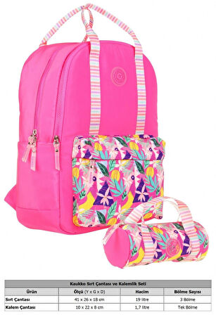 Kaukko İkili Okul Çantası Seti - Okul Çantası+Kalemlik - Pembe - Yaprak Desenli - Kız Çocuklar İçin