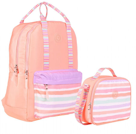 Kaukko Kız Çocuklara Özel Somon Renkli Çizgi Desenli Okul Çantası ve Beslenme Çantası Seti