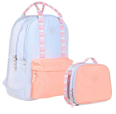 Kaukko Kız Çocuklara Özel Mavi Turuncu Renkli Çift Renk Taarımlı Okul Çantası ve Beslenme Çantası Seti