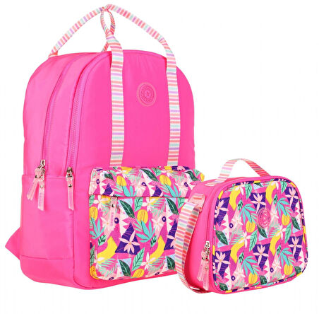 Kaukko Kız Çocuklara Özel Pembe Renkli Yaprak Desenli Okul Çantası ve Beslenme Çantası Seti