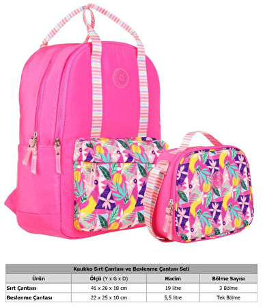 Kaukko Kız Çocuklara Özel Pembe Renkli Yaprak Desenli Okul Çantası ve Beslenme Çantası Seti