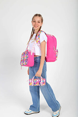 Kaukko Double Stripe Kız Çocuk İlkokul Üçlü Okul Çantası Seti - Pembe - Yaprak Desenli