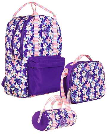Kaukko Double Stripe Kız Çocuk İlkokul Üçlü Okul Çantası Seti - Mor - Çiçek Desenli