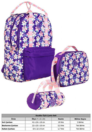 Kaukko Double Stripe Kız Çocuk İlkokul Üçlü Okul Çantası Seti - Mor - Çiçek Desenli