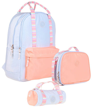 Kaukko Double Stripe Kız Çocuk İlkokul Üçlü Okul Çantası Seti - Mavi Turuncu - Çift Renk