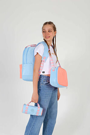 Kaukko Double Stripe Kız Çocuk İlkokul Üçlü Okul Çantası Seti - Mavi Turuncu - Çift Renk
