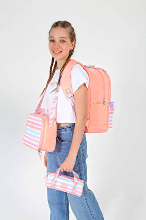 Kaukko Double Stripe Kız Çocuk İlkokul Üçlü Okul Çantası Seti - Somon - Çizgi Desenli