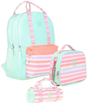 Kaukko Double Stripe Kız Çocuk İlkokul Üçlü Okul Çantası Seti - Su Yeşili Pembe - Çizgi Desenli
