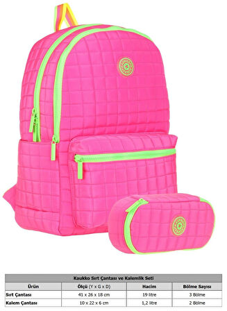 Kaukko Kız Çocuklar İçin Pembe Okul Çantası ve Organizer Kalemlik Seti (KK-K1771+KK-K2622)