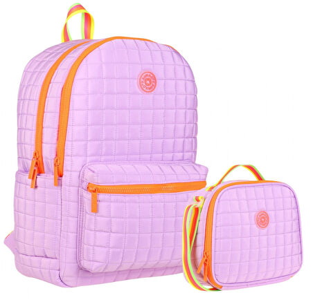 Kaukko Kız Çocuk Kapitone Detaylı Mor Turuncu Okul Çantası ve Kalemlik Seti(K1772+K9047)