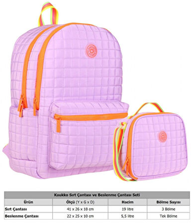 Kaukko Kız Çocuk Kapitone Detaylı Mor Turuncu Okul Çantası ve Kalemlik Seti(K1772+K9047)