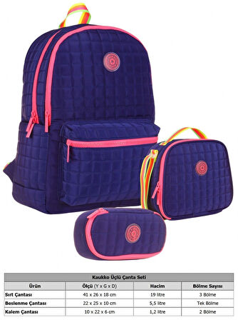 Kaukko Quilted Lacivert Pembe Kapitone Üçlü Okul Çantası Seti - Kız Çocuk