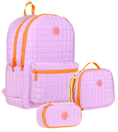 Kaukko Quilted Mor Turuncu Kapitone Üçlü Okul Çantası Seti - Kız Çocuk