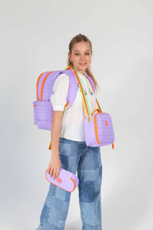 Kaukko Quilted Mor Turuncu Kapitone Üçlü Okul Çantası Seti - Kız Çocuk