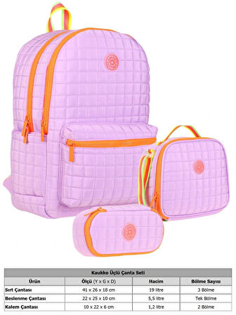 Kaukko Quilted Mor Turuncu Kapitone Üçlü Okul Çantası Seti - Kız Çocuk