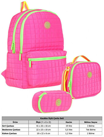 Kaukko Quilted Pembe Yeşil Kapitone Üçlü Okul Çantası Seti - Kız Çocuk