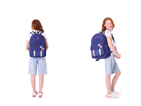 Kaukko Parlak Love Şeritli Lacivert Okul Çantası ve Cüzdan Tipi Kalemlik Seti (KK-K1843+KK-K2754)