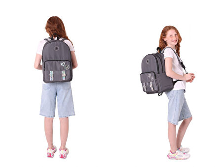 Kaukko Parlak Love Şeritli Gri Okul Çantası ve Cüzdan Tipi Kalemlik Seti (KK-K1842+KK-K2753)