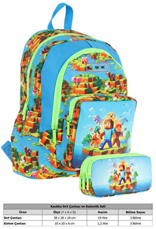 Kaukko Kids (L5280+L8280) Üç Gözlü Erkek Çocuk Okul Çantası ve Kalem Çantası Seti - Yeşil Mavi - Craft Baskılı