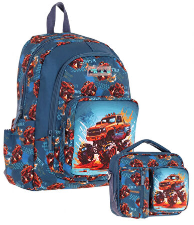 Kaukko Kids Arazi Aracı Erkek Çocuk Yeşil Kırmızı Okul Çantası ve Beslenme Çanta Takımı