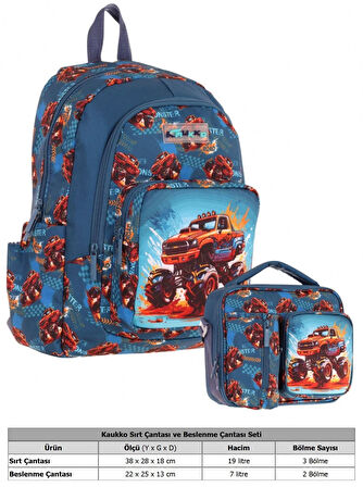 Kaukko Kids Arazi Aracı Erkek Çocuk Yeşil Kırmızı Okul Çantası ve Beslenme Çanta Takımı