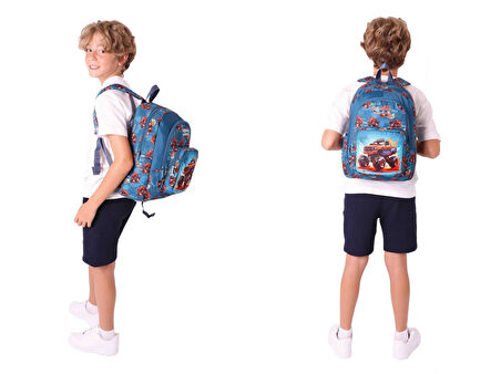 Kaukko Kids Arazi Aracı Erkek Çocuk Yeşil Kırmızı Okul Çantası ve Beslenme Çanta Takımı