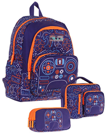 Kaukko Kids Erkek Çocuk Oyun Desenli Üçlü Okul Çanta Seti(Okul Çantası+Beslenme Çantası+Kalemlik)
