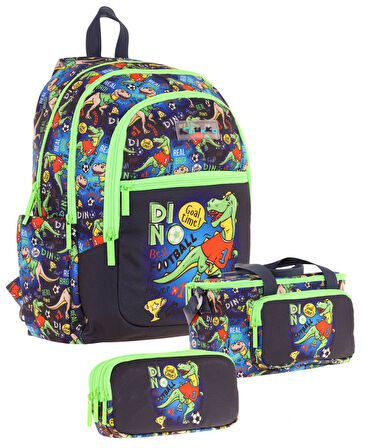 Kaukko Kids Erkek Çocuk İçin Siyah Yeşil Renkli Dinazor DesenliÜçlü Okul Çanta Kombinasyonu