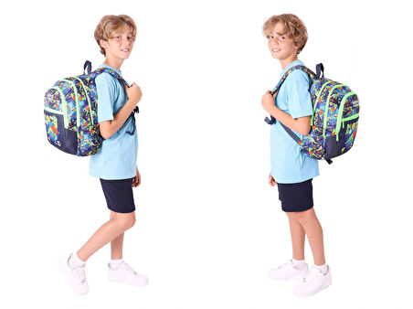 Kaukko Kids Erkek Çocuk İçin Siyah Yeşil Renkli Dinazor DesenliÜçlü Okul Çanta Kombinasyonu