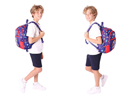 Kaukko Kids Erkek Çocuk İçin Lacivert Kırmızı Renkli Astronot BaskılıÜçlü Okul Çanta Kombinasyonu