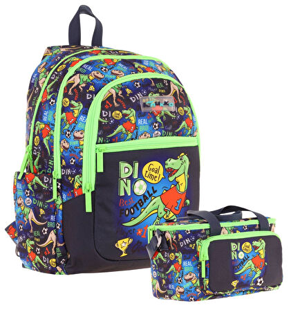 Kaukko Çanta Dinazor Desenli Erkek Çocuk Siyah Yeşil Okul Çantası ve Thermo Beslenme Çantası Takımı (L5266+L7266)